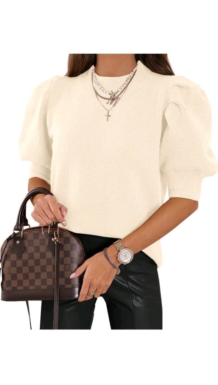 Women's Puff Short Sleeve Sweater Tops Spring Summer Trendy Crew Neck Size M